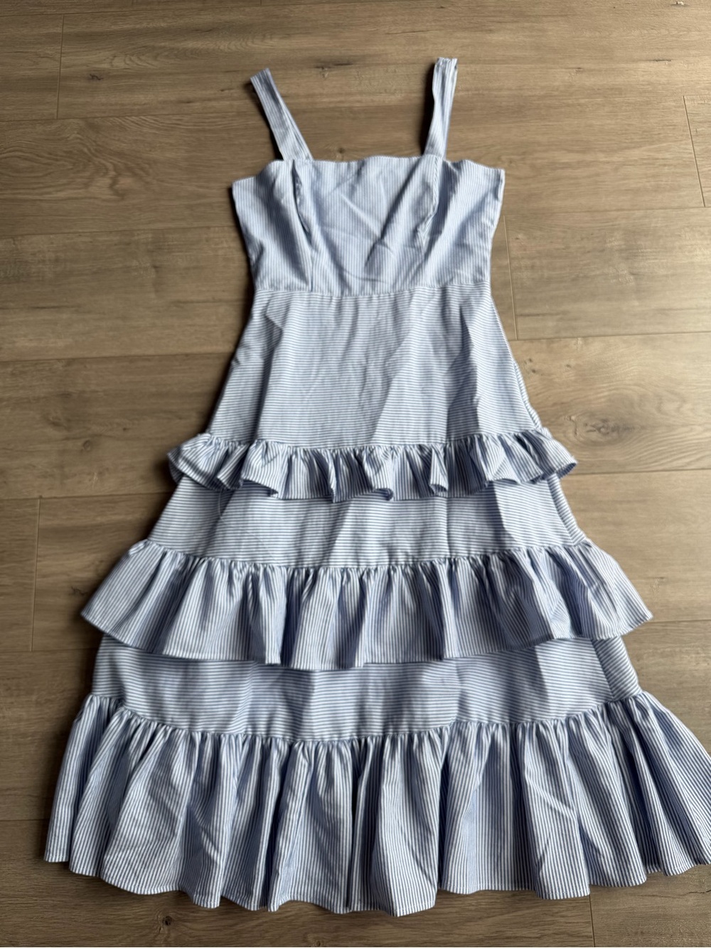 Aura Blue Pinstripe Ruffle Tiered Sundress - size small